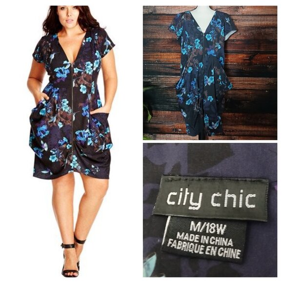 City Chic Dress Plus Size 18 Zip Front Tunic Draped Hip Black Floral Hummingbird - Picture 1 of 11